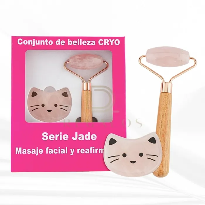 Rodillo Masajeador + Piedra Guasha de Cuarzo Rosa Serie